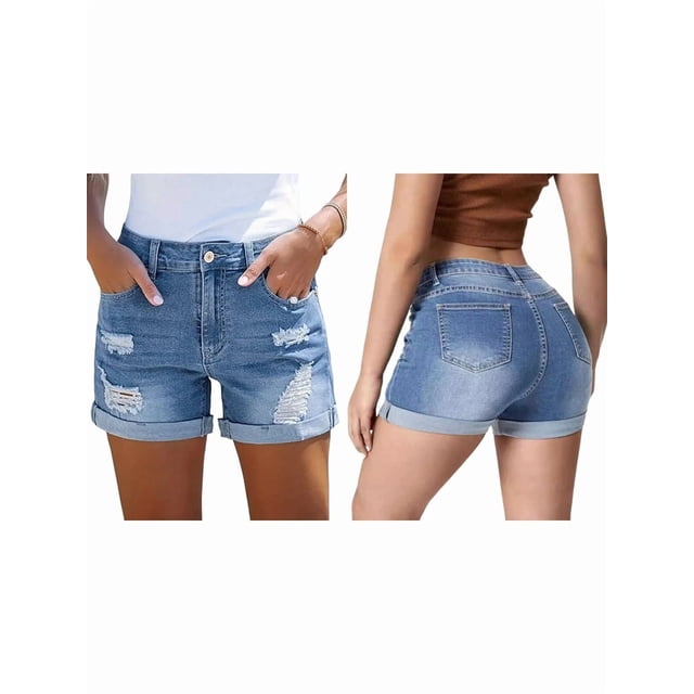 Shorts Vaqueros Desgastados de Tiro Medio-Alto para Mujer, con Bolsillos y Dobladillo Doblado, Informales, de Verano Azul XXL