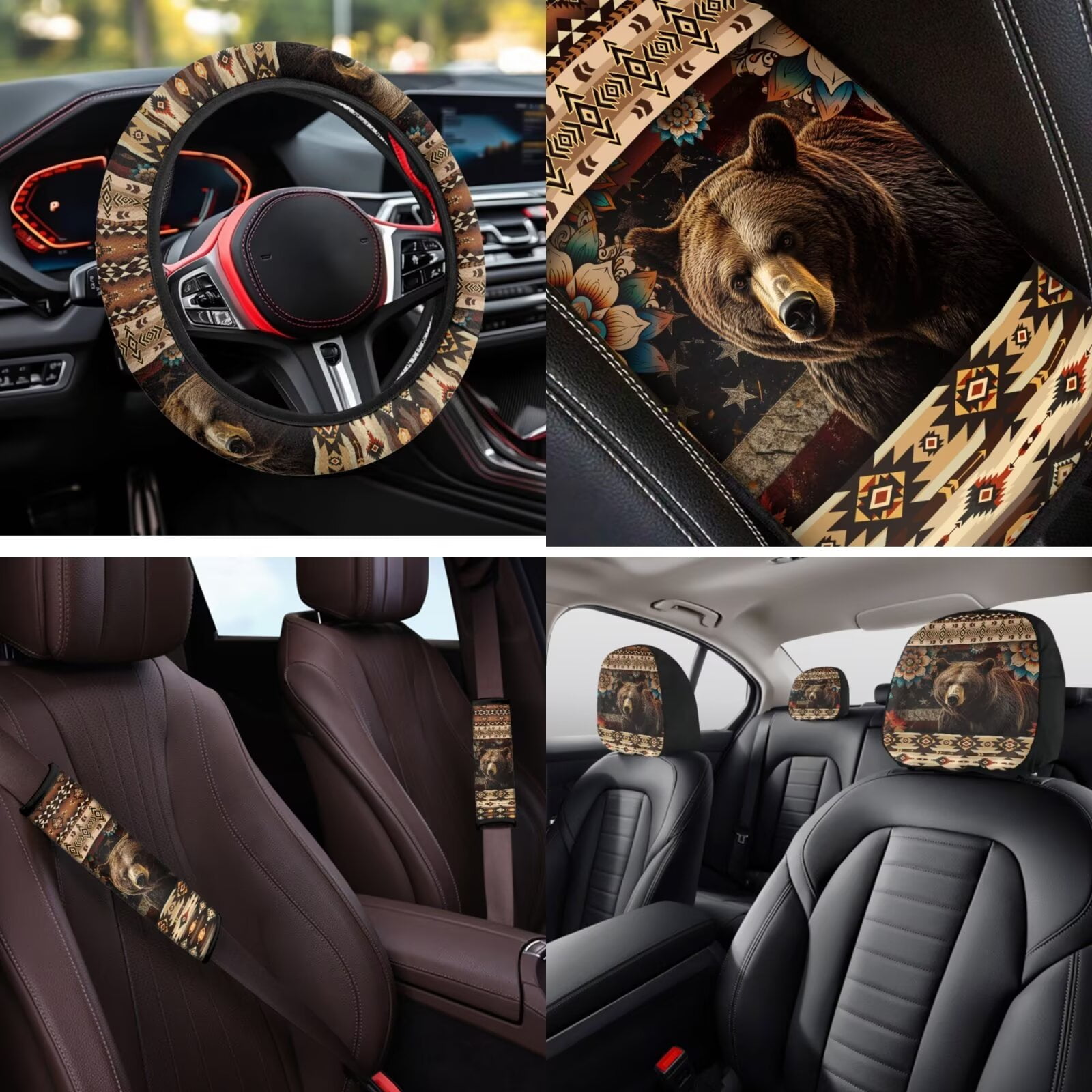 Garronmavis Aztec Bear 14 Pack Car Seat Covers Set with Car Headrest Protector Steering Wheel Cover Auto Armrest Cover Seat Belt Pads Keychain and Coaster Compatible with Most Cars,SUV