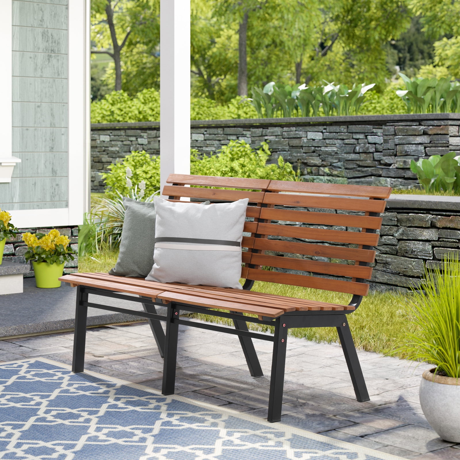 OC Orange Casual Acacia Wood Steel Patio Bench Outside Chairs for Garden Lawn Park Deck Walmart