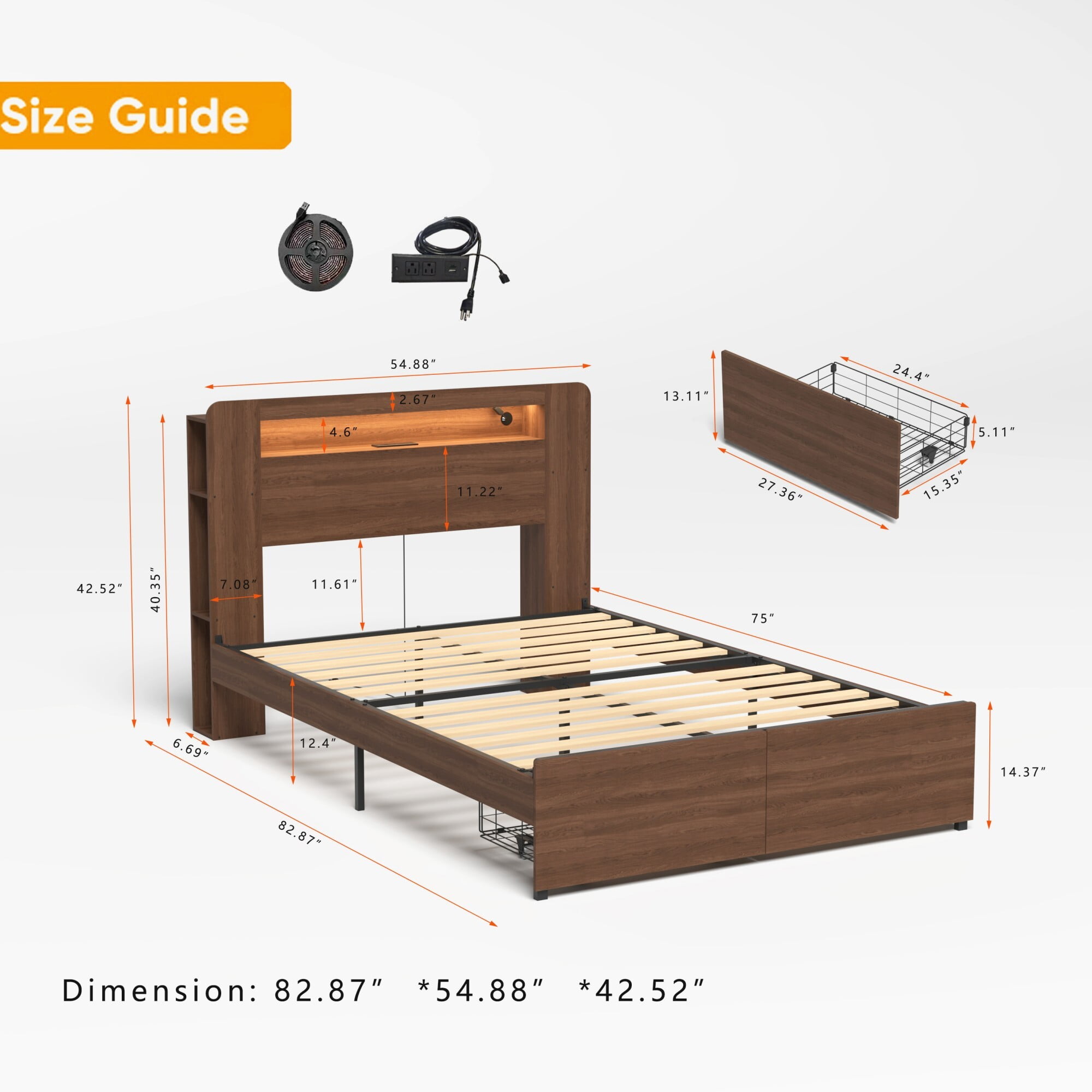 AENKYO Full Size Bed Frame with Bookshelf Headboard, Charging Station, 2 Drawers & Smart LED Lights, Walnut Color
