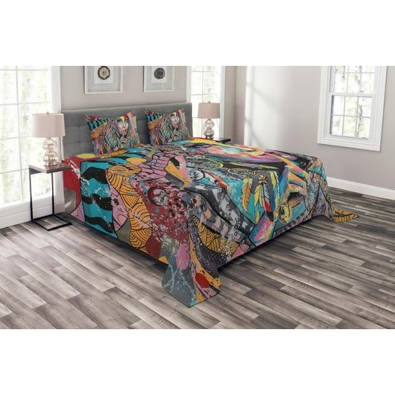 Ambesonne Abstract Art Quilted Bedspread Set 3 Pcs, Fantasy Portrait, King Size, Multicolor