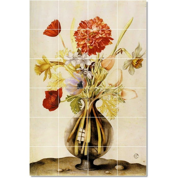 Ceramic Tile Mural-Giovanna Garzoni Flowers Painting 70. 18" w x 24" h using (12) 6 x 6 ceramic tiles