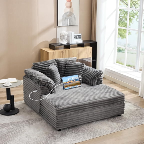 Oversized Chaise Lounge Chair Indoor Upholstered Sofa Bed with Throw Pillows and Armrests Comfy Corduroy Sleeper Couch with Cup Holders and Charging Port for Living Room Bedroom 60 Inch Wide Grey