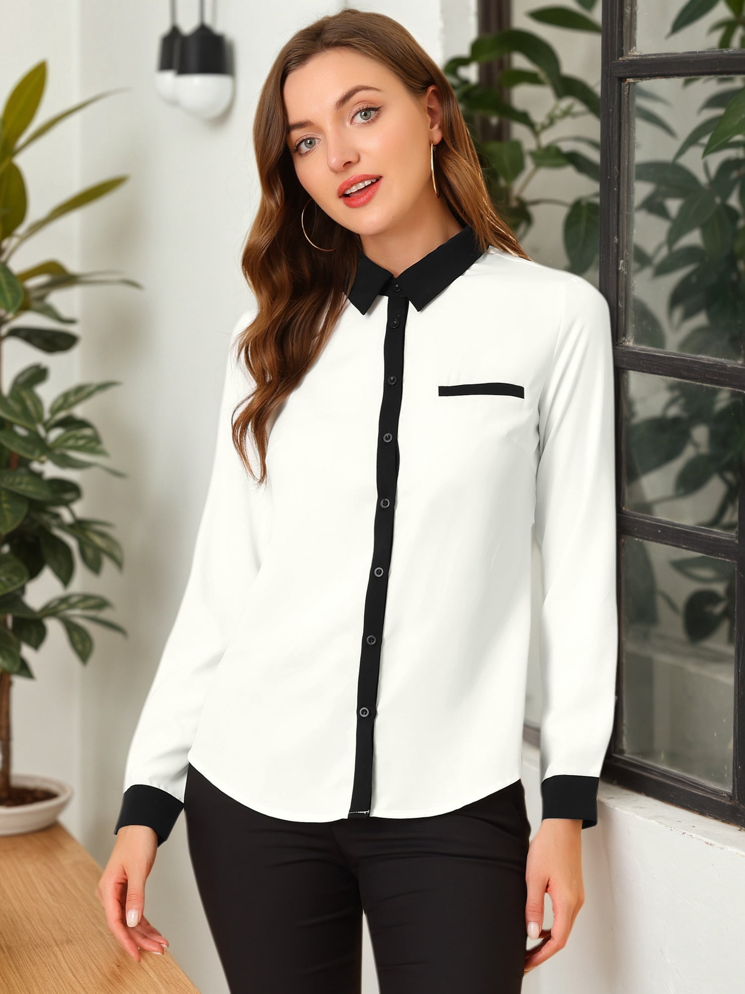 DARING DIVA Women's Color Block Button Down Long Sleeve Work Shirt L White