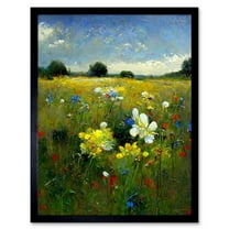 Wildflower Summer Meadow Floral Landscape Oil Art Print Framed Poster Wall Decor 12x16 inch