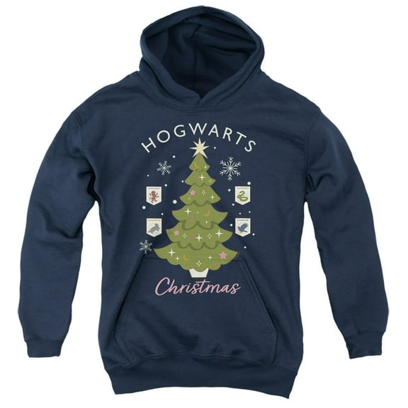 Harry Potter Hogwarts Christmas Tree Youth Kids Boy/Girls Pull-Over Hoodie, Navy, X-Large