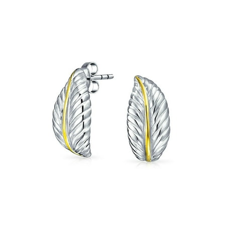 Nature Leaf Shaped Craved Two Tone Curved Stud Earrings For Women 14K Gold Plated 925 Sterling Silver