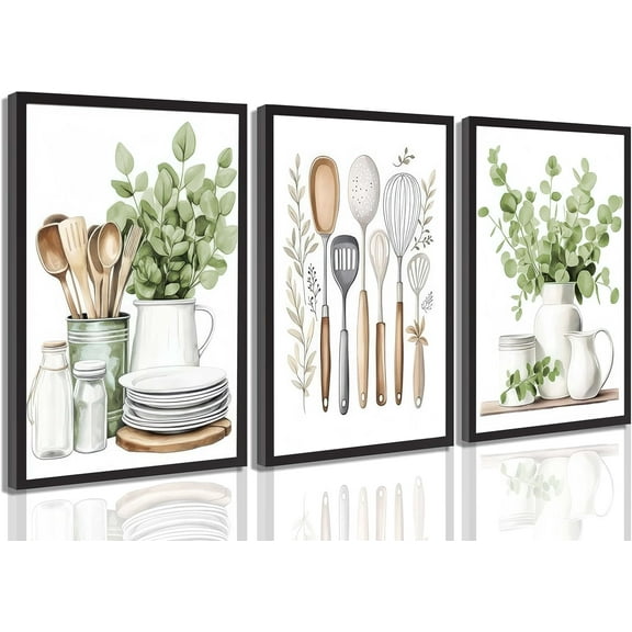 3 Pcs Sage Green Farmhouse Kitchen Canvas Wall Art Minimalist Dining Room Eucalyptus leaves plant Painting Pictures Wall Decor Poster Print Artwork For Dining Room kitchen Home Decoration