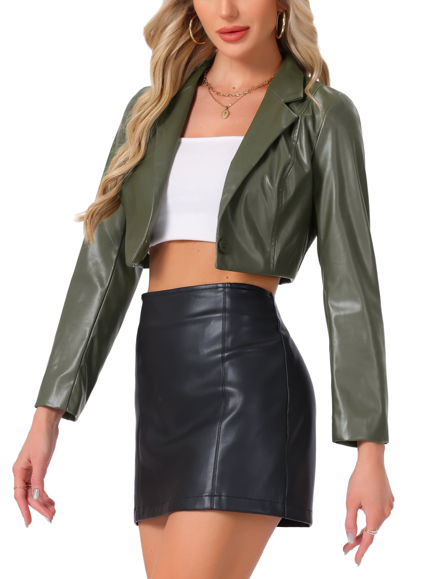 INSPIRE CHIC Faux Leather Cropped Blazer for Women's Notched Lapel Collar Single Breasted Moto PU Jackets L Army Green