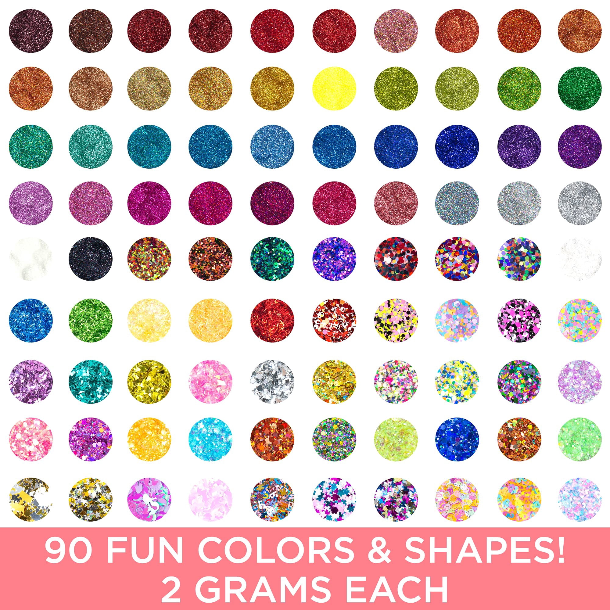 Horizon Group USA Assorted Glitter 90 Pack, Includes Fine, Neon Glitter, Shapes, Foil Glitter & More, Great For Resin Projects, Group Arts and Crafts, DIY Projects, Back to School Supplies & Art Class Glitter 90-Pack