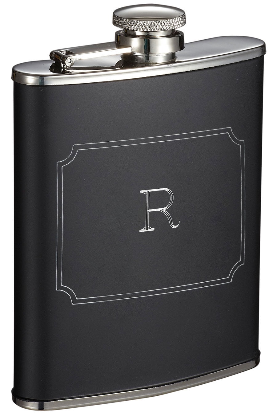 Letter R 6 oz Matte Black Visol Products Marcel Liquor Flask with Engraved Initial