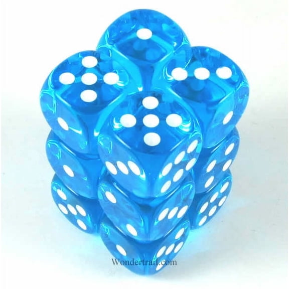 Turquoise Transparent Deluxe Dice with White Pips D6 16mm (5/8in) Pack of 12 Koplow Games