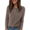 thumbnail image 2 of felwors Women's Fall Long Sleeve Henley Shirts Button Down Ribbed Sweaters Casual Tunic Tops Khaki, M, 2 of 6
