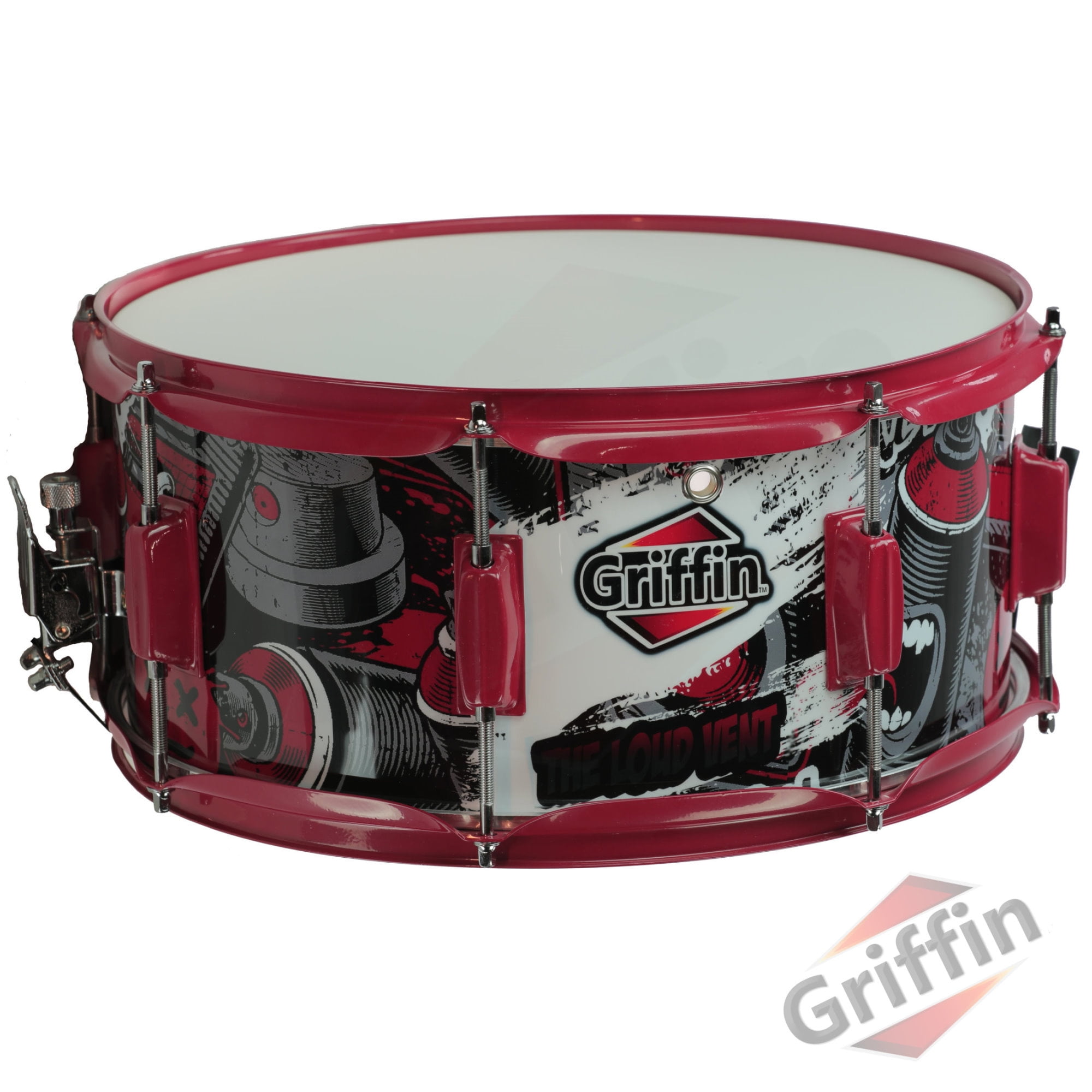 Limited Edition | Percussion Acoustic Musical Instrument Kit & Drummers Key 8 Metal Lugs Snare Drum by GRIFFIN Head Set & Strainer Throw Off Birch Wood Shell 14x6.5 with Custom Graphic Wrap 