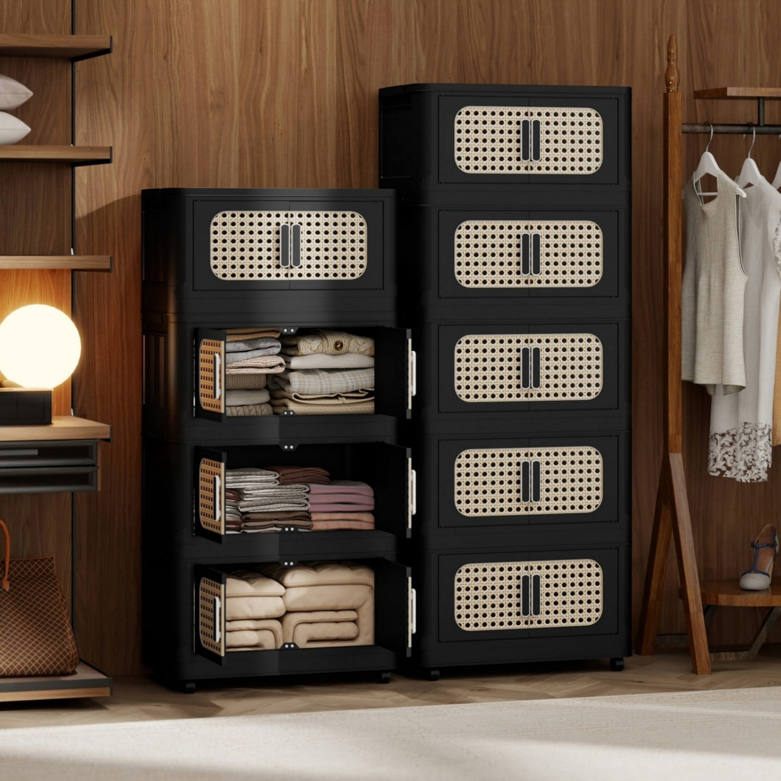 Retro Folding Storage Cabinet with Wheels, 4-Tier Collapsible Plastic Storage Organizer with Magnetic Door, Portable Side Storage Cabinet for Living Room, Bedroom, Kitchen, Black
