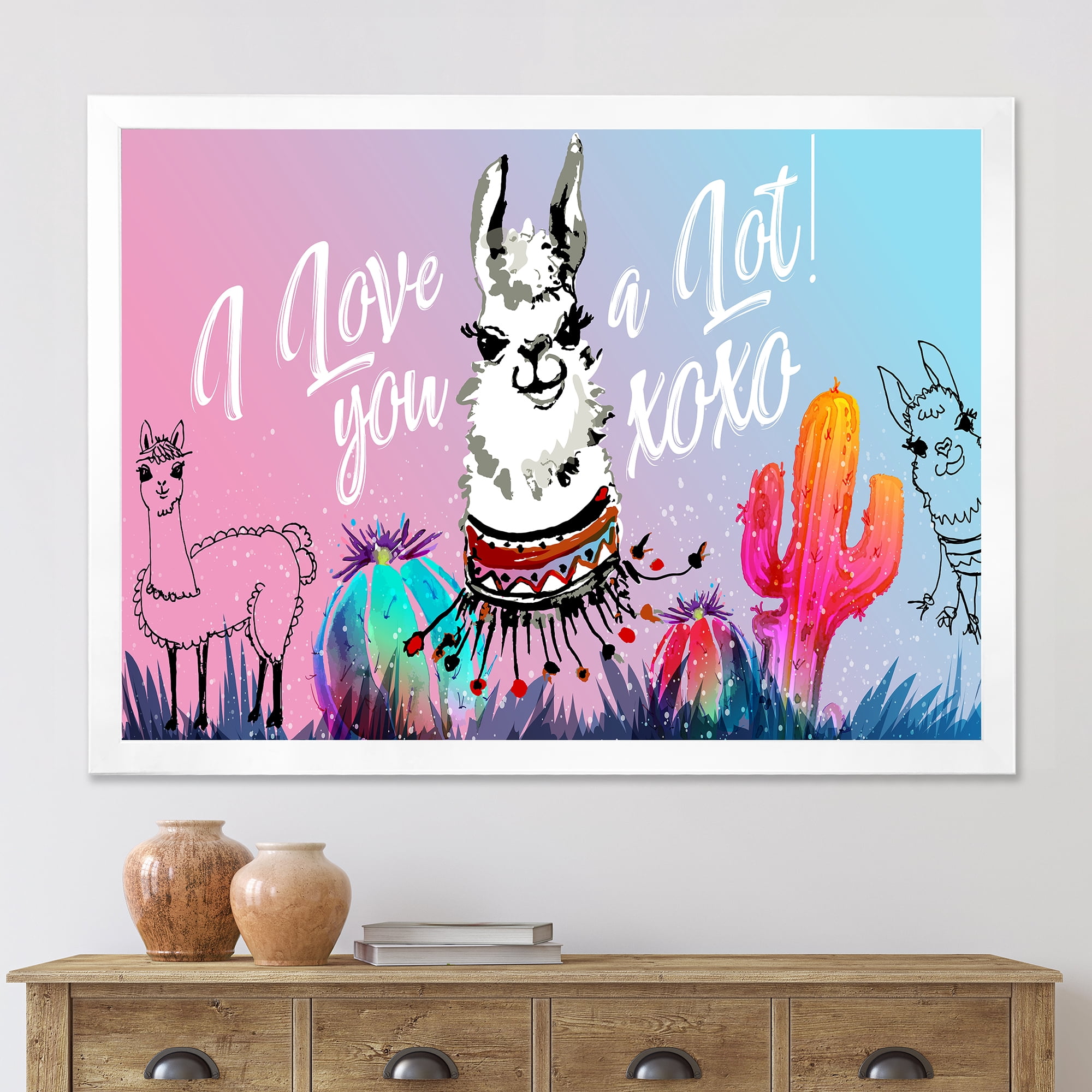 Designart 'I Love You A Lot Llama Alpaca Cartoon Portrait' Children's Art Framed Art Print