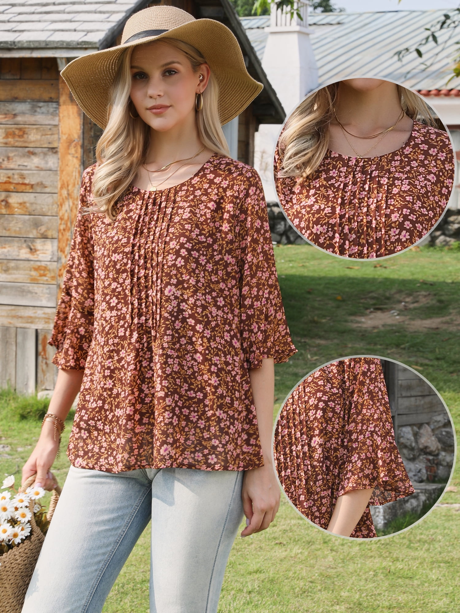 DARING DIVA Women's Chiffon Blouses Casual 3/4 Sleeve Ruffle Floral Top S Brown