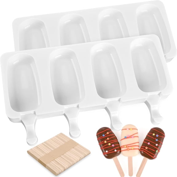 SUSWIM Popsicle Molds Set of 2, Ice Pop Molds Silicone 4 Cavities Ice Cream Oval Cake Pop Mold with 50 Wooden Sticks for DIY Popsicle, Clear (White）