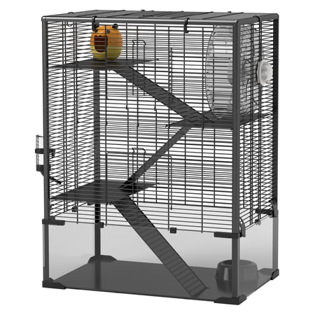 Hamster Cage 4 Tier with Glass Bottom, Running Wheel & Hut - Rodent Habitat for Syrian, Dwarf Hamsters, Rats, Gerbils - 24x16x31.5 Inch Black