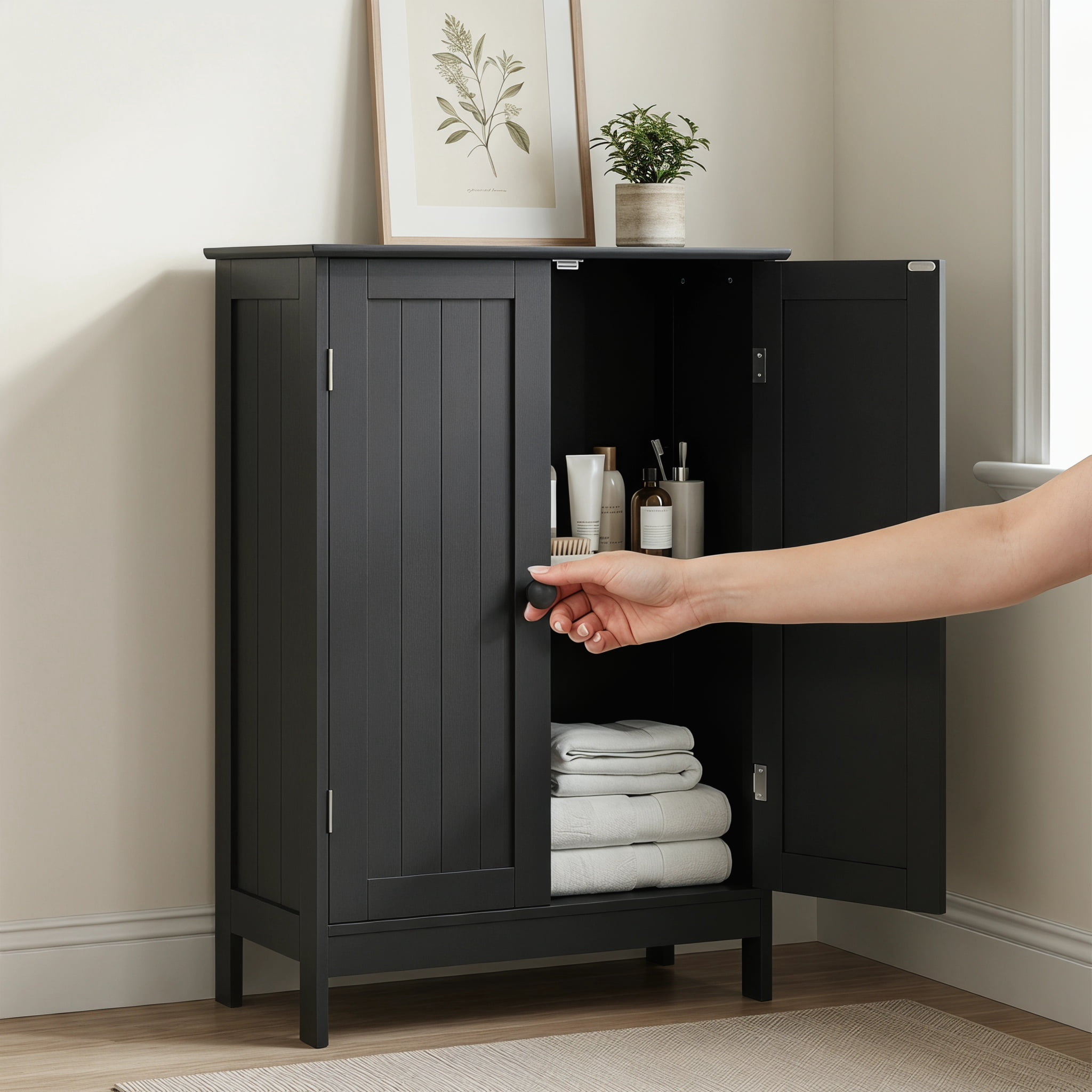 Kadyn Bathroom Cabinet, Storage Cabinet, Bathroom Storage Unit,2-Door Freee-Standing Bathroom Cabinet with Shelf-Black