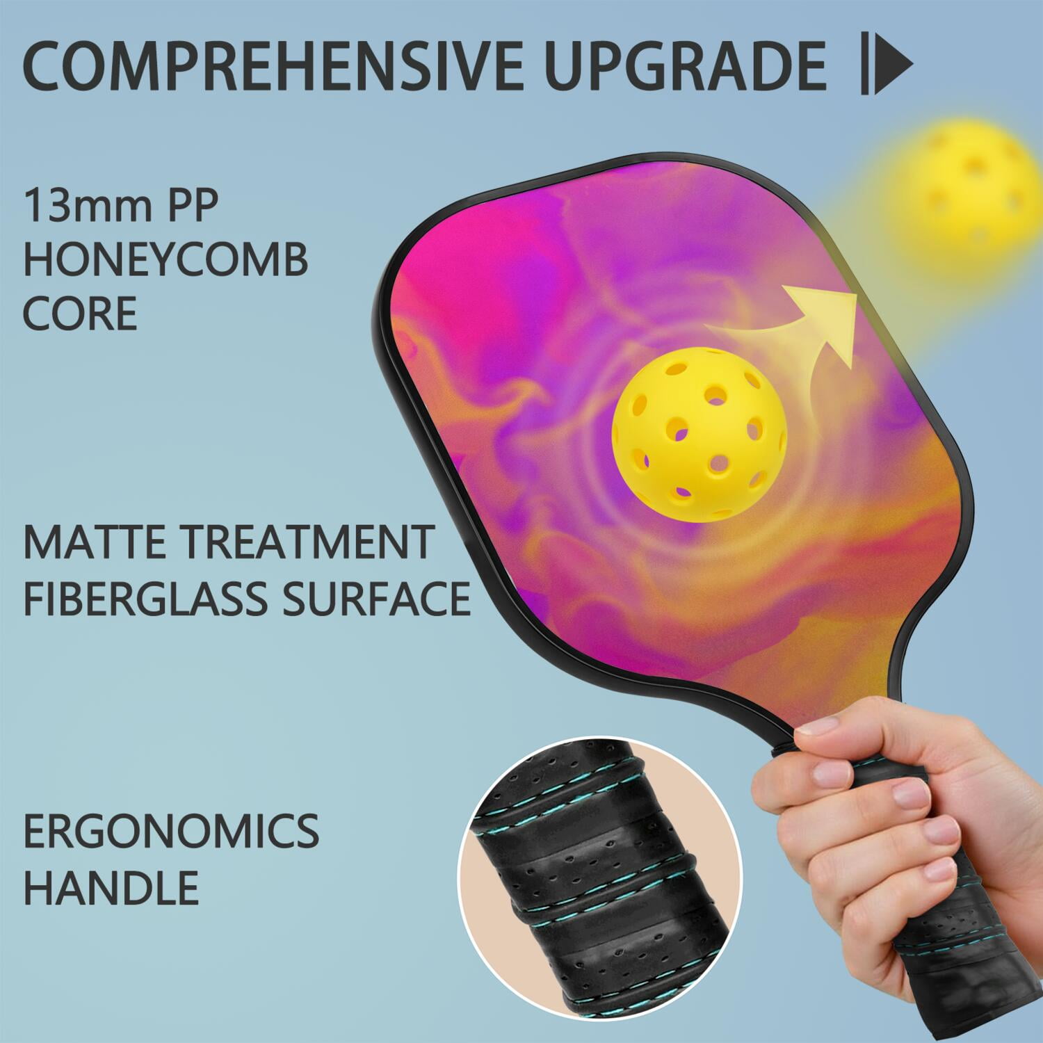 Pickleball Paddles Set Of 1, Fiberglass Surface, Fluid Smoke Aurora Art Style, 1 Paddle, 2 Balls & Bag