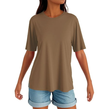 Womens Tops Casual  Short Sleeve Soild Color Round Neck Top Comfort Colors Tshirt Corset Tops For Women Purple Shirt Shacket Tunic Tops Western Fringe Tops Blouses Shirts (XXL  Light Brown) ZMTing