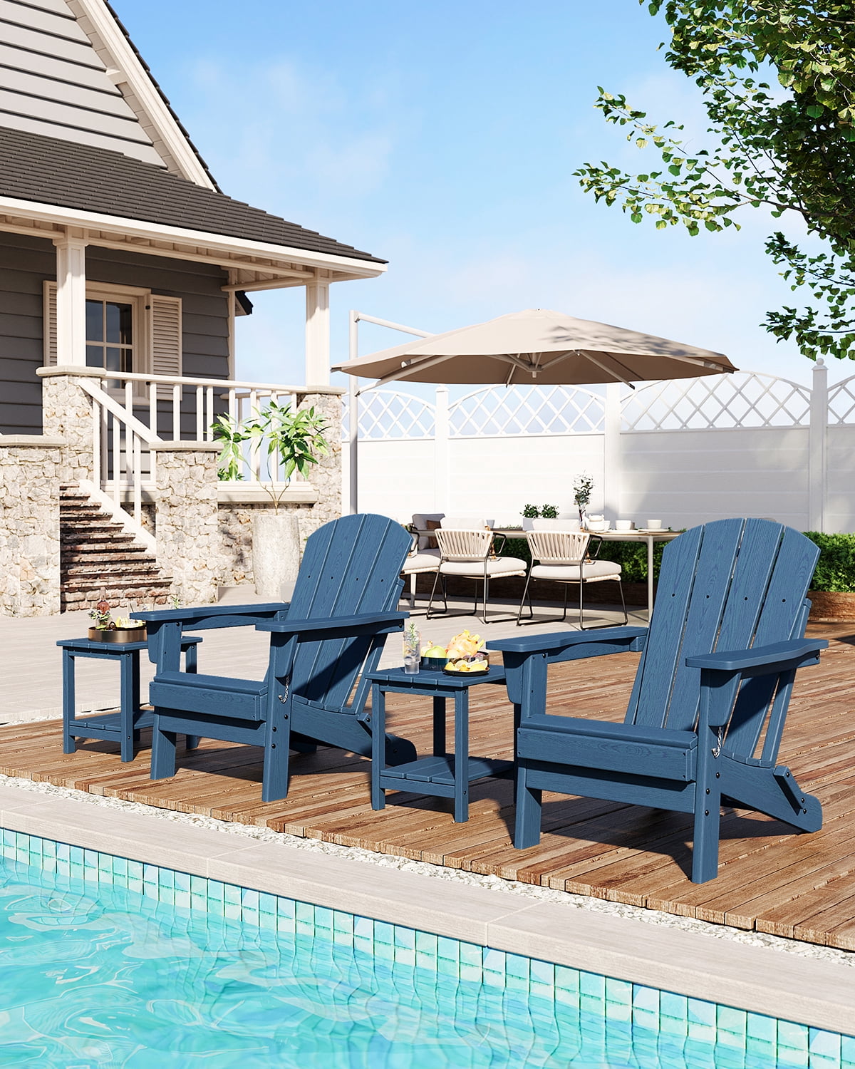 SOLLED Folding Patio Chair, Heavy Duty HDPE Adirondack Chair with 380 lbs Capacity & Cup Holder, All-Weather Outdoor Chair for Backyard Poolside Garden,Navy Blue