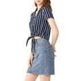 thumbnail image 4 of MODA NOVA Junior's Striped Button Up Short Sleeve Tie Front Crop Shirt Navy Blue L, 4 of 6