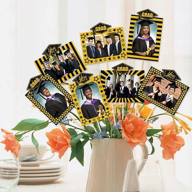 piezas de palitos para centros de mesa con fotos de graduación, decoraciones para fiestas de graduación, adornos para mesa con fotos de graduación para fiestas universitarias/secundarias, bolígrafo pa