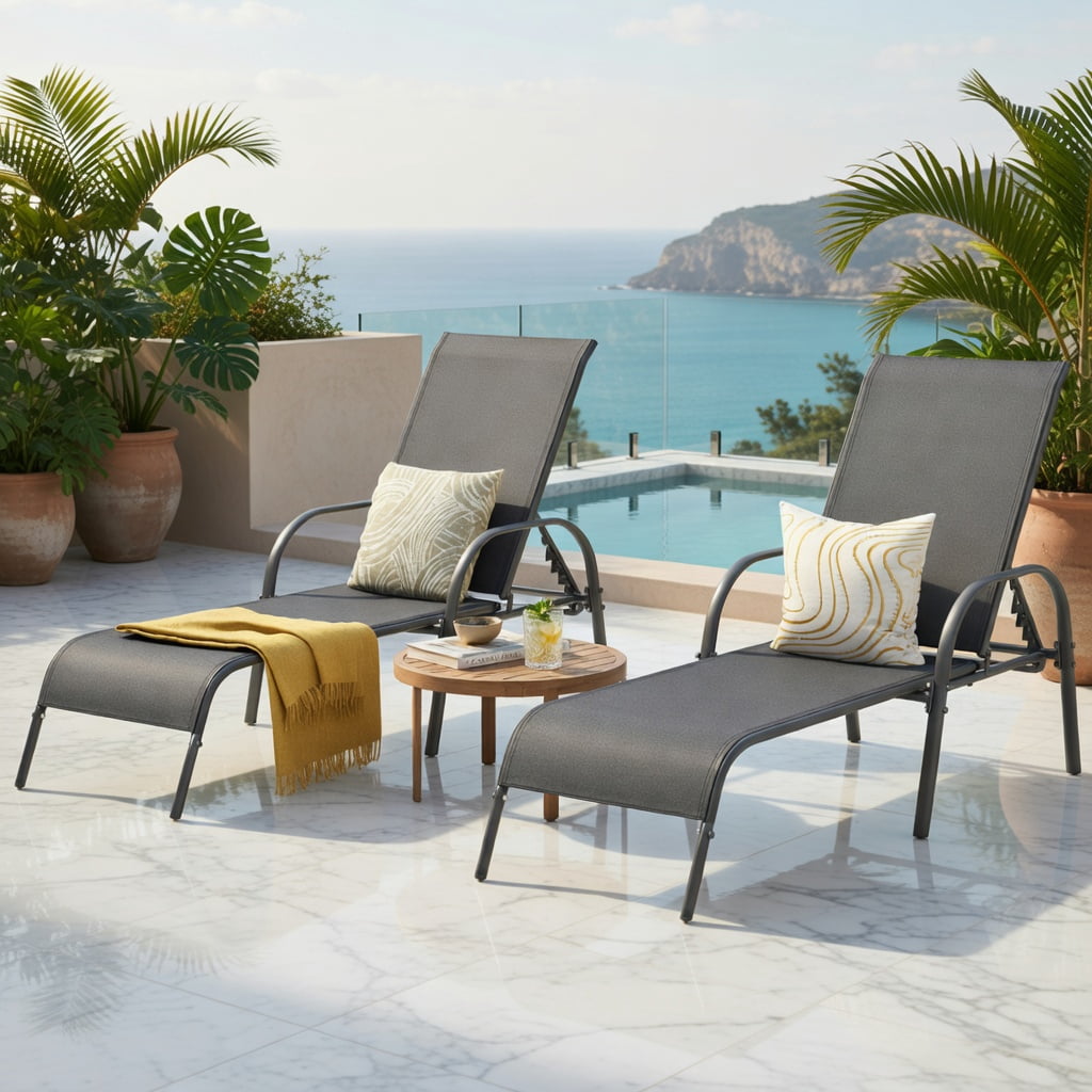 Hommoo 2-Pack Adjustable Outdoor Chaise Lounge Chairs Patio Recliners with 5-Position Backrest & Powder-Coated Steel Frame, Dark Gray