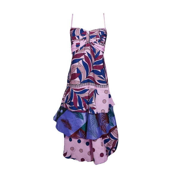 Mogul Women Floral Dress Ruffled Spaghetti Strap Ethical Bohemian Recycled Sari Printed Summer Bohochic Sundress S/M