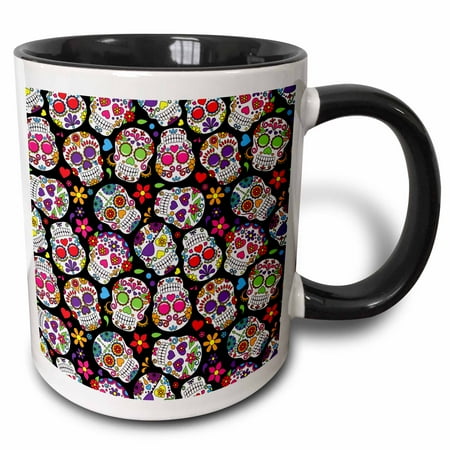 Pattern Sugar Base - 3dRose Colorful Tossed Sugar Skulls Pattern - Two Tone Black Mug, 11-ounce