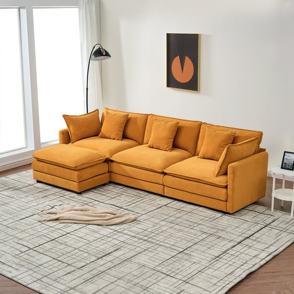 110" L-Shaped Modular Cloud Sofa with Ottoman, Deep Seat Chenille Sectional Couch with Cushions, Comfortable Oversized Combination Sofa for Living Room, Apartment, or Studio, Orange