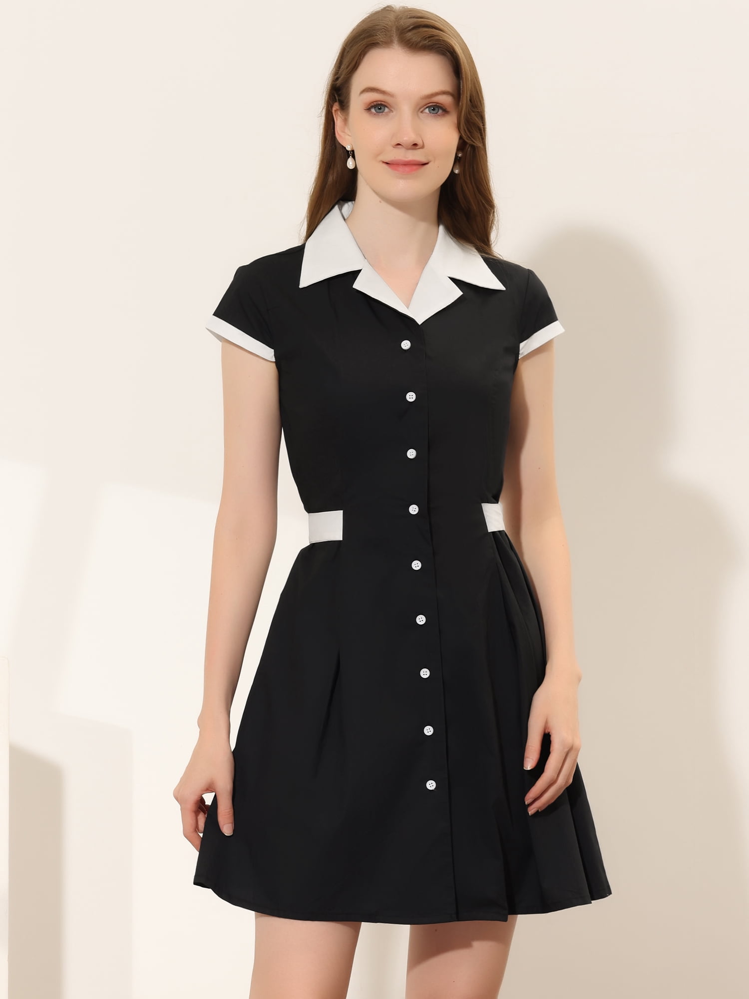 DARING DIVA Belted Contrast Camp Collar A-Line Shirt Dress S Black