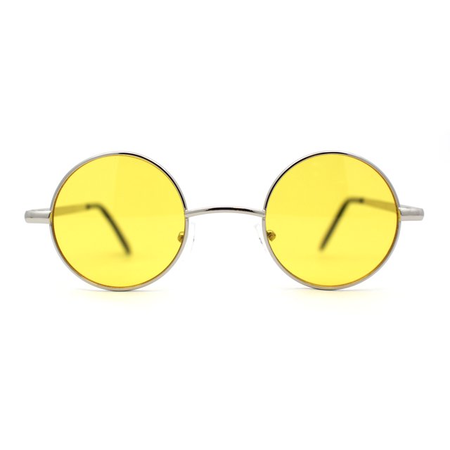 Lunettes de Soleil Hippie Rétro Ajustées à Petit Cercle Rond avec Lentille Argent Jaune