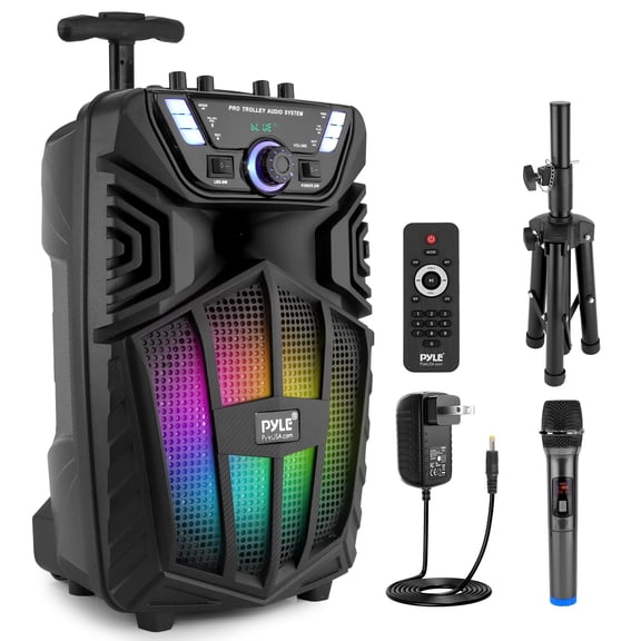 Pyle 480W Portable Bluetooth PA Speaker with Speaker Stand  8" Rechargeable Outdoor Karaoke Speaker System w/Wireless Mic, Wheels, TWS, Party Lights, LED Display, 6.5mm Mic Input, FM/AUX/MP3/USB/SD