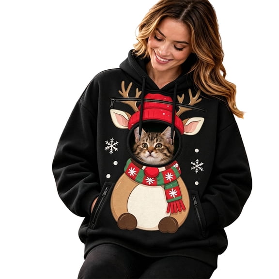 BOOMNY Christmas Pet Pouch Hoodie for Women Cute Reindeer Graphic Cat Dog Hoodies for Women Kangaroo Pocket Warm Winter Animal Holder