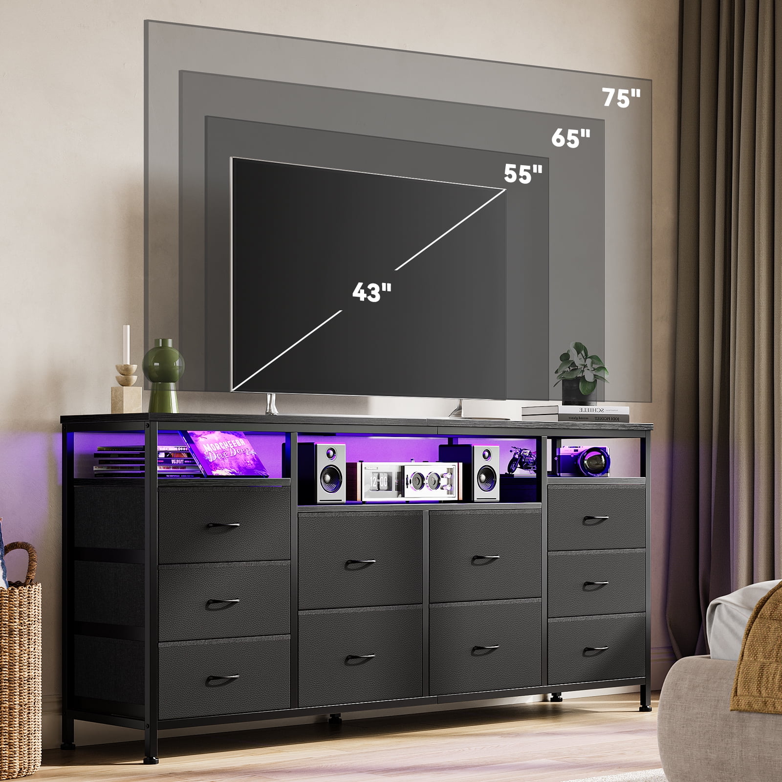 Towallmark 10 Drawer Dresser TV Stand for 65/70/75 Inch TV, 63" W Long Fabric Dresser Entertainment Center with LED Lights & Power Outlets for Bedroom with Led Lights & Power Outlets