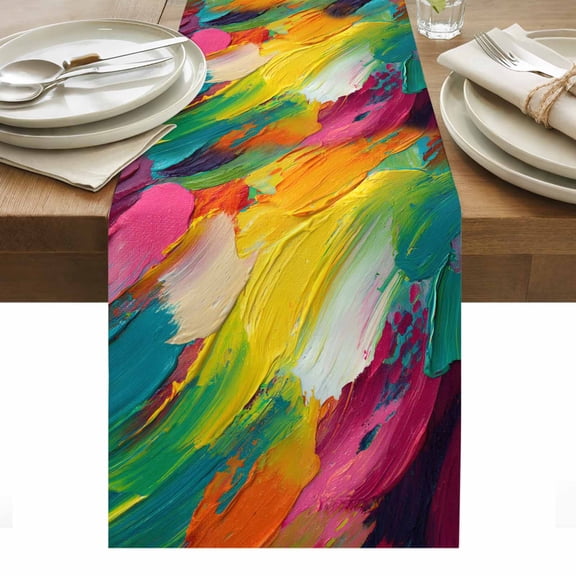 Colorful Pigment Table Runner - 48 Inch Long, Kitchen Dining Table Runner Dresser Scarves, Abstract Color Block Oil Painting Farmhouse Decor for Coffee Tables Wedding Party Banquet