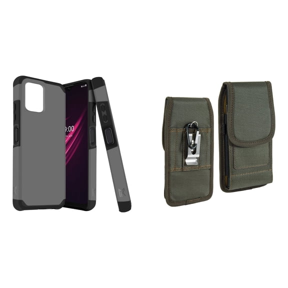 Case and Pouch Bundle for REVVL 6 5G: Dual Layer Slim Case (Grey) and Vertical Rugged Nylon Belt Holster (Midnight Green)