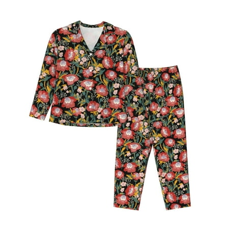 Salouo Watercolor Red Wildflowers Pattern Women s Pajamas Set Long Sleeve Button Down Sleepwear Soft Pj Lounge Sets for women 2 Piece Pjs Set with Long Pants-X-Large