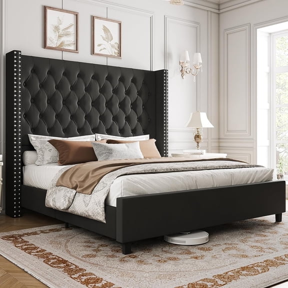 Merluxy Queen Bed Frame with 61.4" Headboard,Velvet Tufted and Handmade Pleat Deep Button,Black
