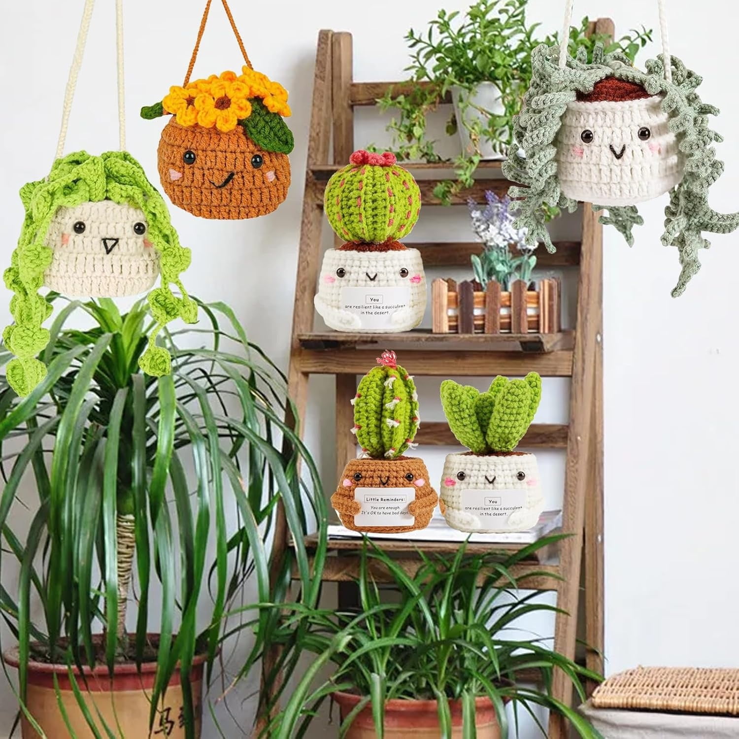 Crochet Kit for Beginners, Boriyuan 6Pcs Hanging Potted Plants and Cactus Succulent Family Crochet Kit with Crochet Accessories, Craft DIY Knitting Supplies for Adults