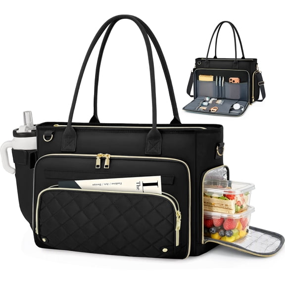 RAINSMORE Teacher Tote Bag with Insulated Lunch Compartment 15.6 inch Laptop Bag for Women with Cup Holder Large Lunch Tote Briefcase Nurse Work Bags,Black