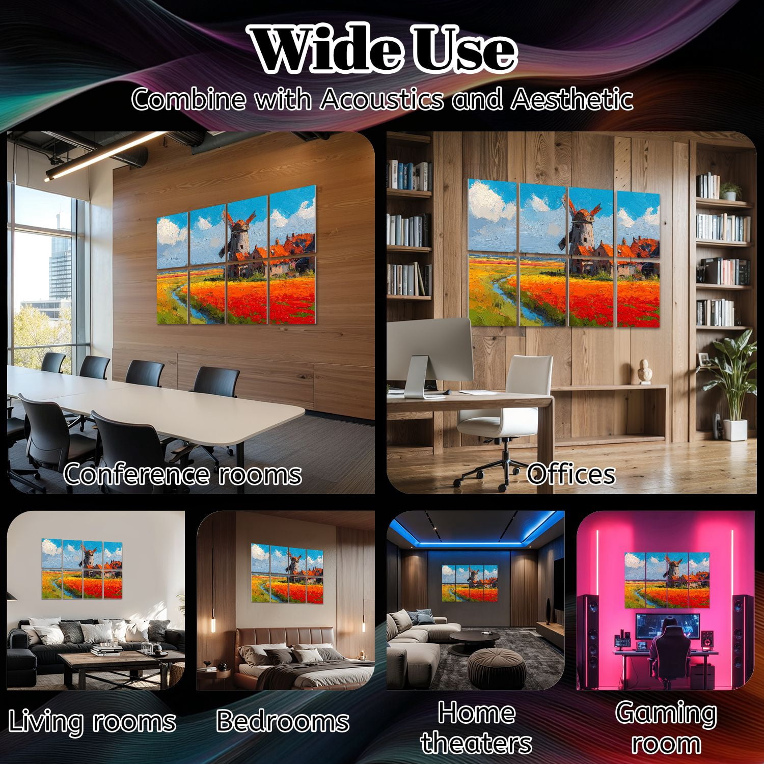 Windmill 8 Pack Art Acoustic Panels Sound Absorbing Dutch Countryside Oil Painting Tulip Fields Windmill Decorative Soundproof Wall Panels Self Adhesive for Nursery Game Room Bedroom 48"x32"