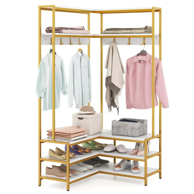 Costway Corner Garment Rack L-shaped Clothes Rack with Open Shelves & Adjustable Foot Pads White