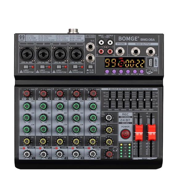 BOMGE BMG-06A Mezclador de DJ Bluetooth USB de 6 Canales con Phantom 48V