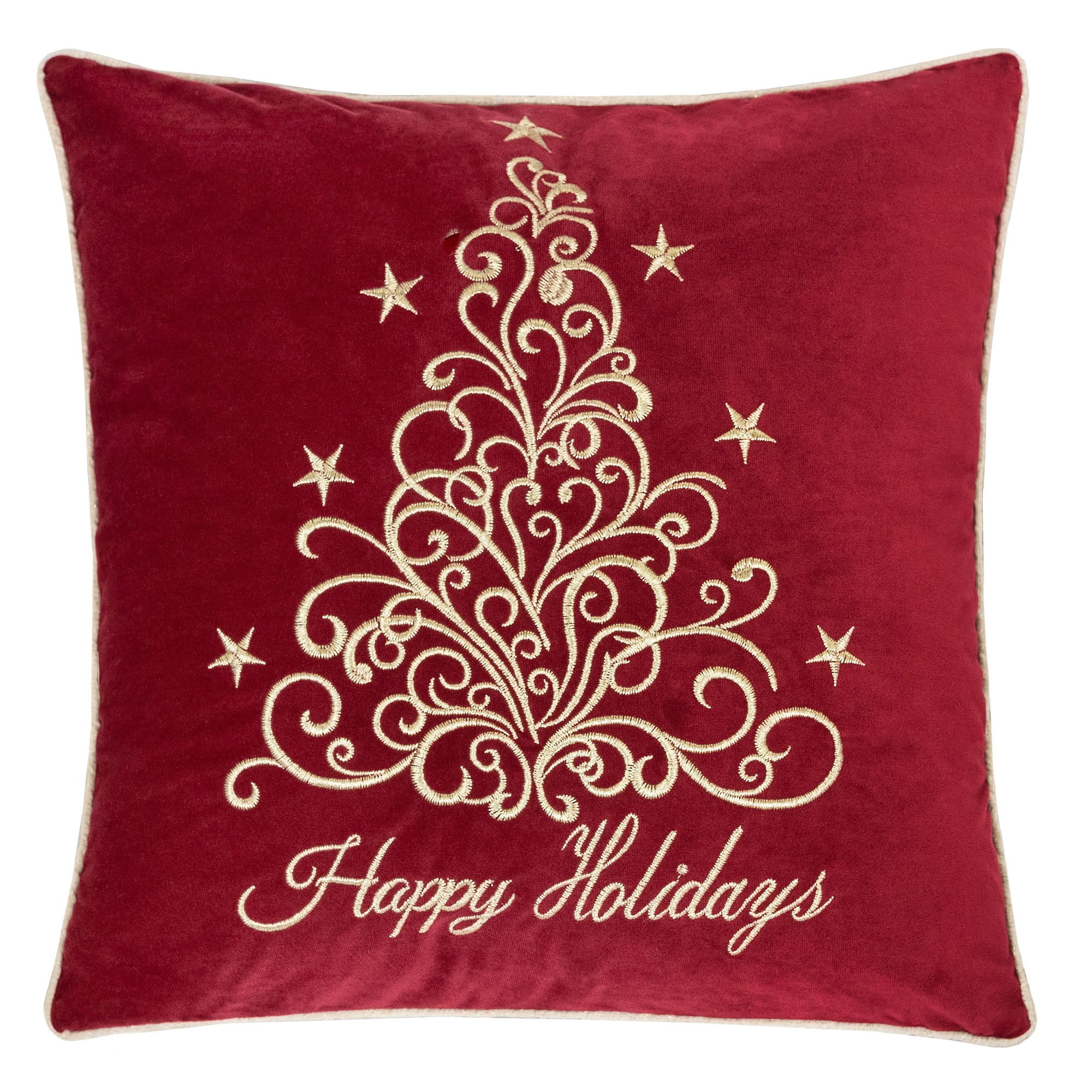 Velvet Happy Holidays Gold Embroidered Christmas Tree Pillow 20x20 Inch Holiday Decor