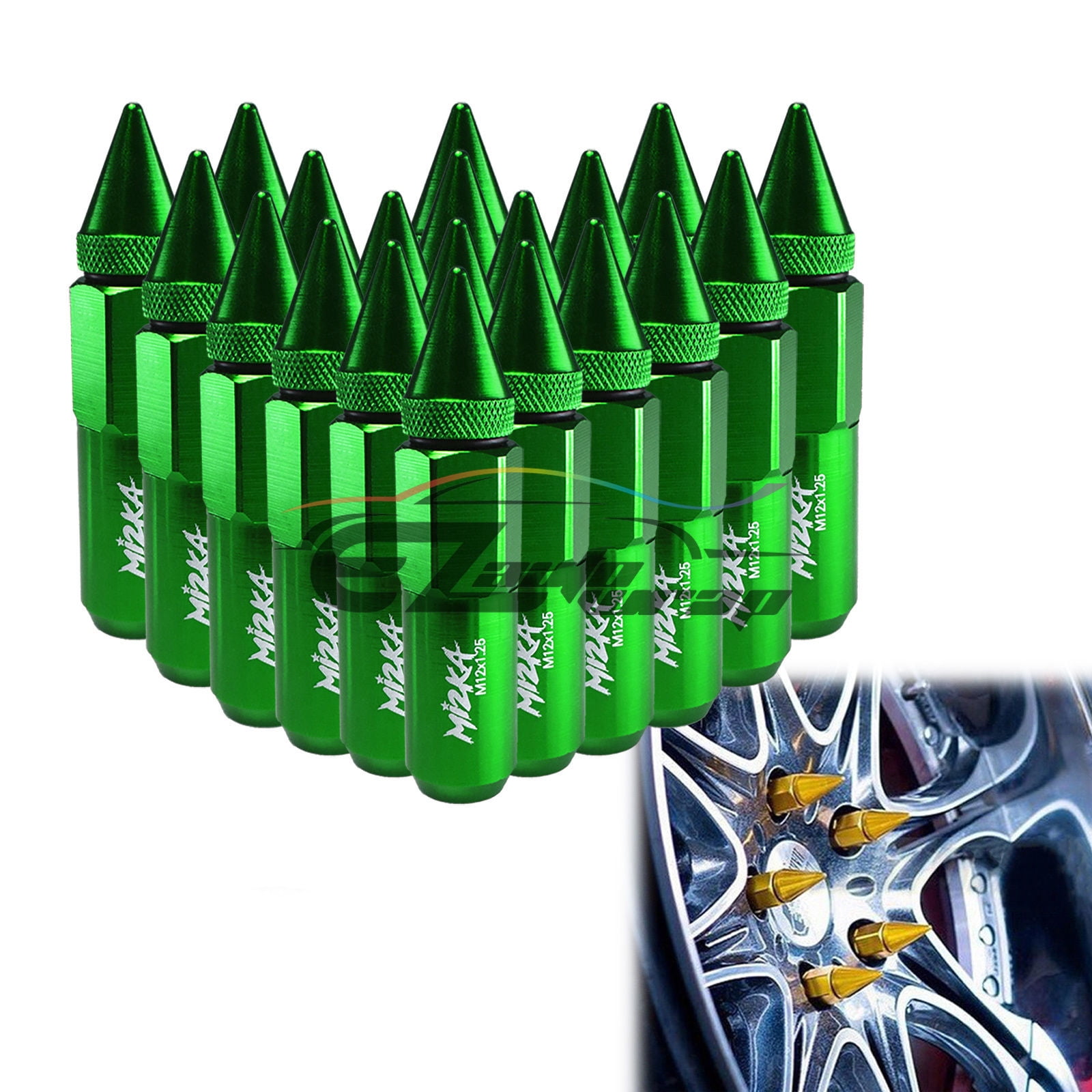 Green 20 PCS M12X1.25 Lug Nuts Spiked Extended Tuner Aluminum Wheels