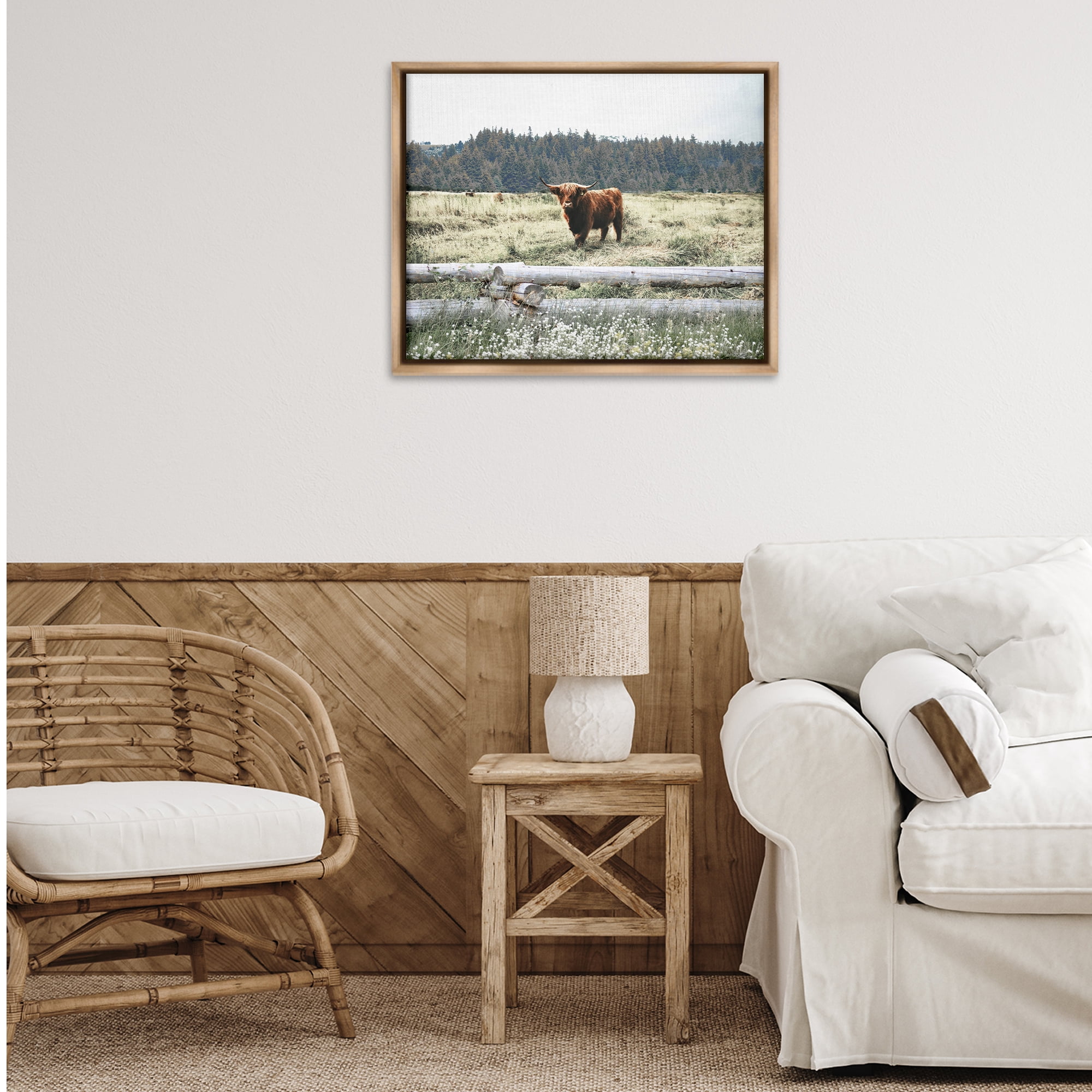 Stupell Industries Cattle Overlooking Fence Animals & Insects Photography Brown Floater Framed Canvas Art Print Wall Art, 31 x 25